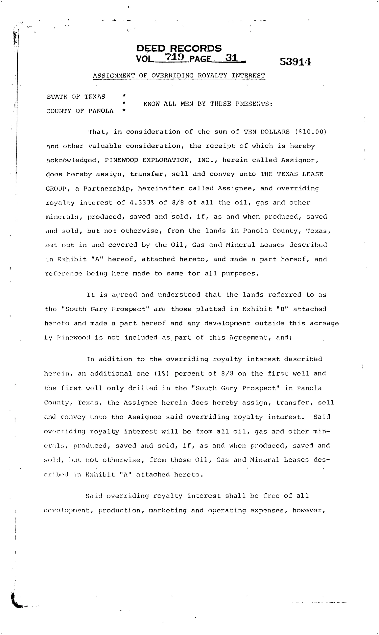 Pinewood Exploration Inc. - Recorded Assignment/Transfer (Vol. 719, Page 31)