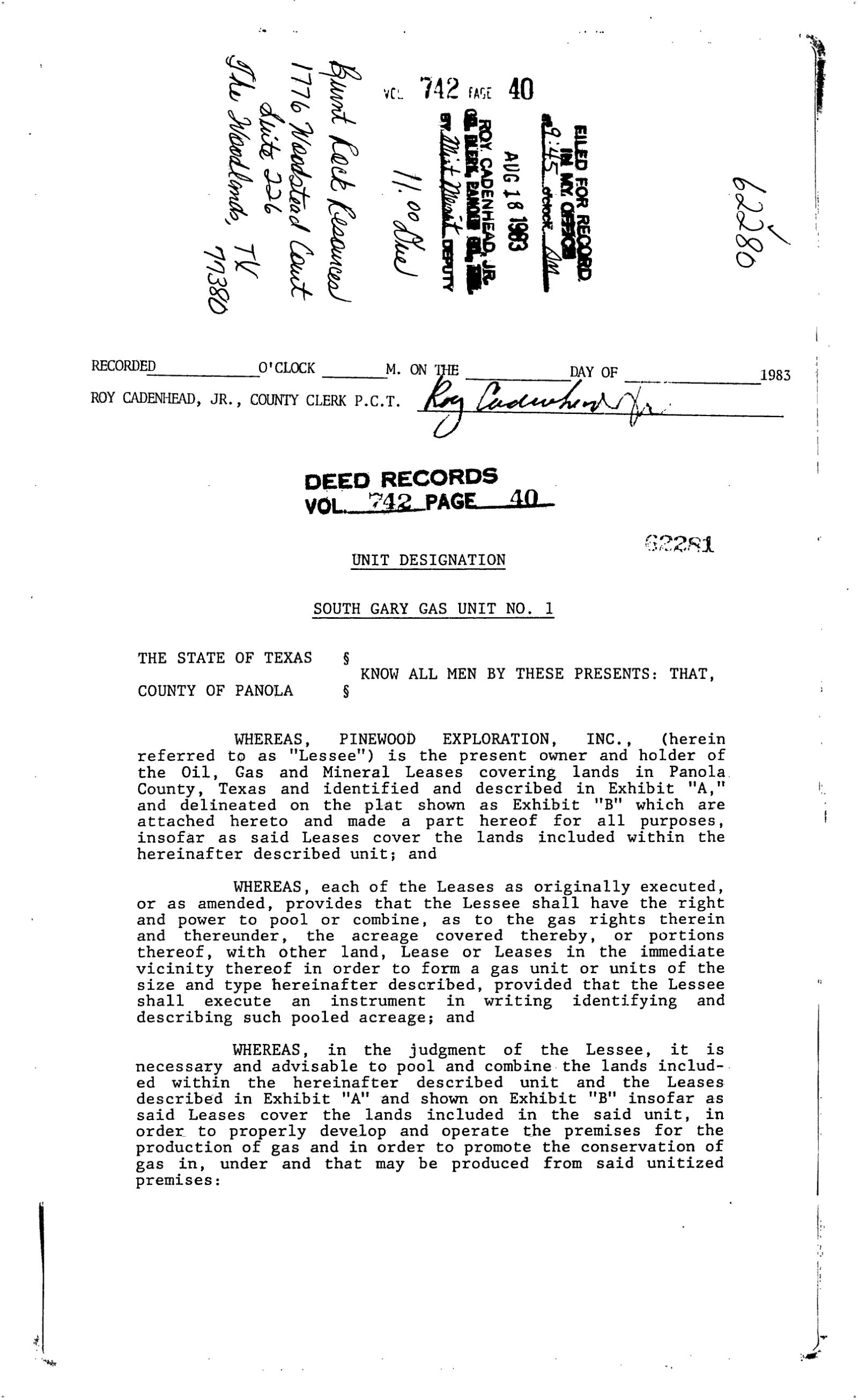 Pinewood Exploration Inc. - Recorded Unit Designation/Declaration (Vol. 742, Page 40)